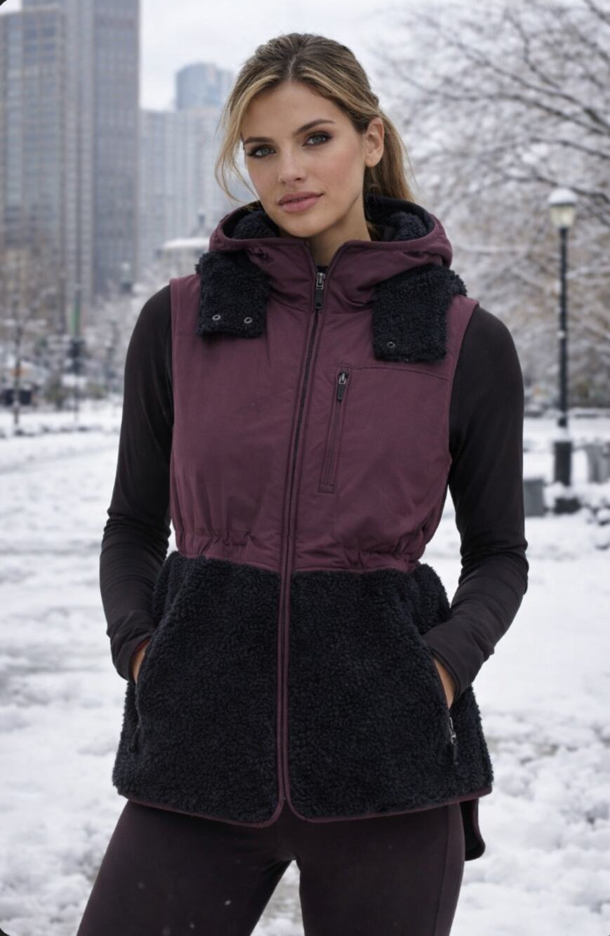 Sweaty Betty Sherpa Fleece Vest Plum Black Hooded Urban Athleisure Size 8